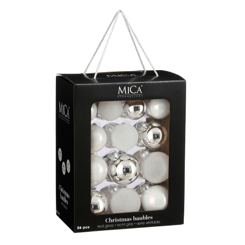 Елочные стеклянные шары Mica Decorations компл.26 шт, Ø 7/6/5 см, белые
