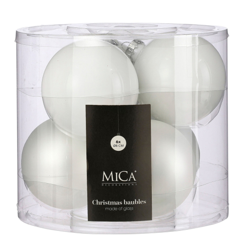 Елочные стеклянные шарики Mica Decorations компл. 6 шт, Ø 8, белые