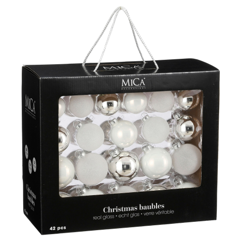 Елочные стеклянные шары Mica Decorations компл. 42 шт, Ø 7/6/5 см, белые