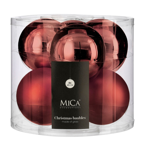 Ялинкові скляні кульки Mica Decorations компл. 6 шт, Ø 8 см, вишневі