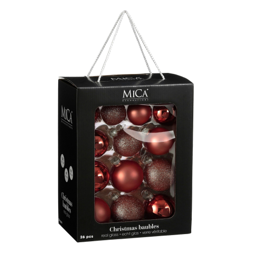 Елочные стеклянные шары Mica Decorations компл. 26 шт, Ø 7/6/5 см, вишневые