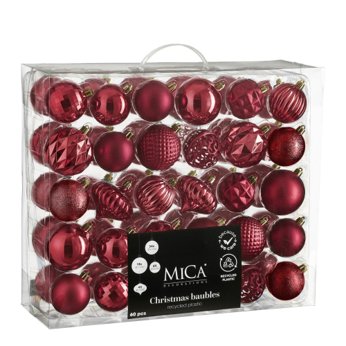 Елочные пластиковые шары и украшения Mica Decorations компл. 60 шт, Ø 7/6 см, вишневые