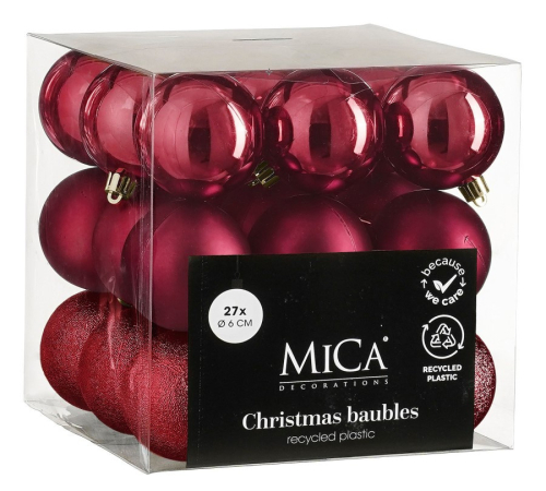 Елочные пластиковые шары Mica Decorations комплект 27 шт, Ø 6 см, вишневые
