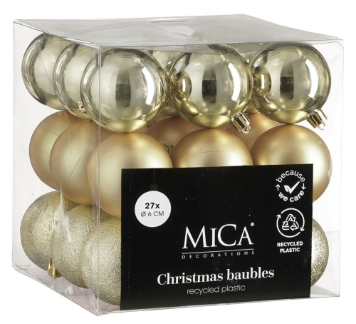 Елочные пластиковые шары Mica Decorations комплект 27 шт, Ø 6 см, шампань