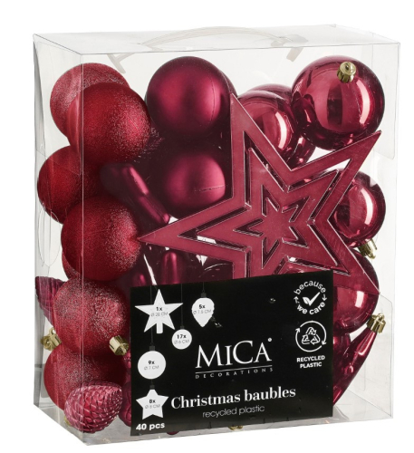 Елочные пластиковые шары и украшения Mica Decorations комплект 40 шт, Ø 8/7/6 см, вишневые