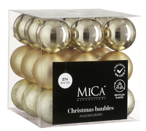 Елочные пластиковые шары Mica Decorations комплект 27 шт, Ø 8 см, шампань