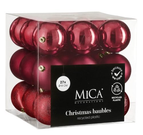 Елочные пластиковые шары Mica Decorations комплект 27 шт, Ø 8 см, вишневые