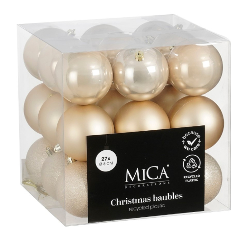 Елочные пластиковые шары Mica Decorations комплект 27 шт, Ø 8 см, кремовые