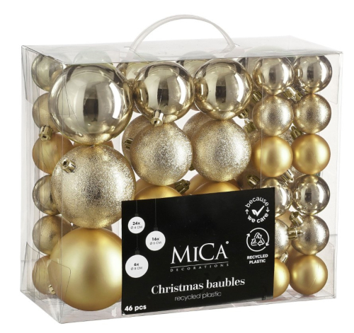 Елочные пластиковые шары Mica Decorations комплект 46 шт, Ø 4/6/8 см, шампань