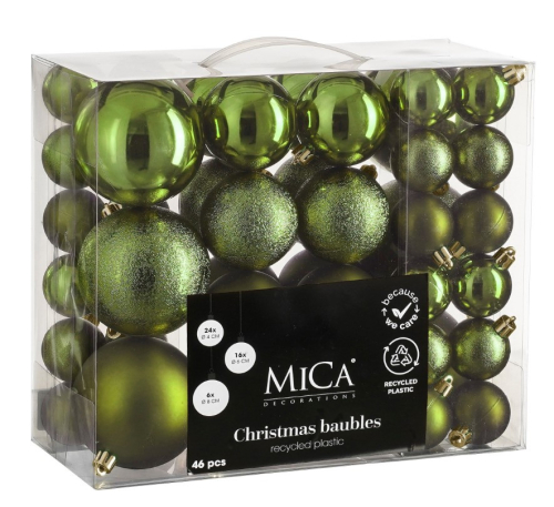 Елочные пластиковые шары Mica Decorations комплект 46 шт, Ø 4/6/8 см, зеленые